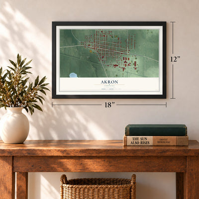 Akron, Indiana map, 12 x 18 inch print in a black frame in an entryway