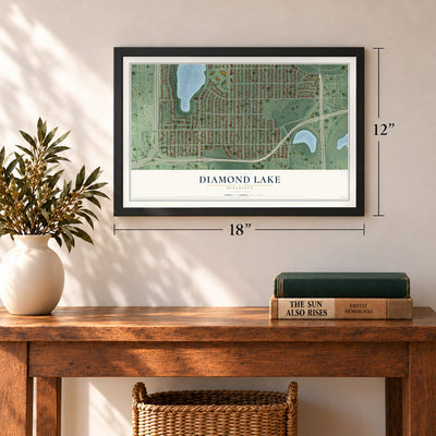 Diamond Lake, Minnesota map, 12 x 18 inch print in a black frame in an entryway
