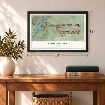 Bedford Park, Illinois map, 12 x 18 inch print in a black frame in an entryway