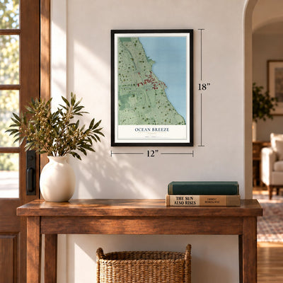 Ocean Breeze, Florida map, 12 x 18 inch print in a black frame in an entryway