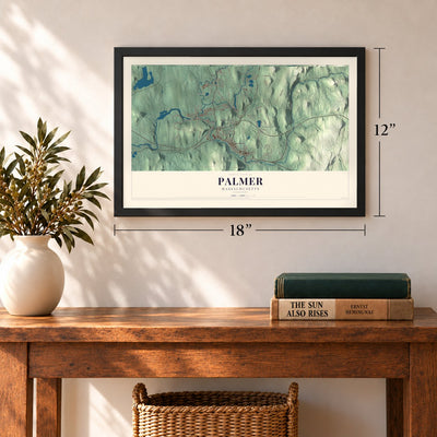 Palmer, Massachusetts map, 12 x 18 inch print in a black frame in an entryway