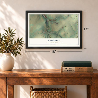 Railroad, Pennsylvania map, 12 x 18 inch print in a black frame in an entryway