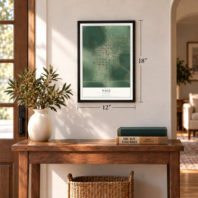 Page, Nebraska map, 12 x 18 inch print in a black frame in an entryway