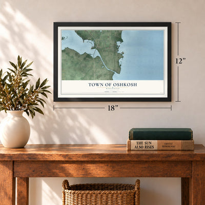 Town of Oshkosh, Wisconsin map, 12 x 18 inch print in a black frame in an entryway