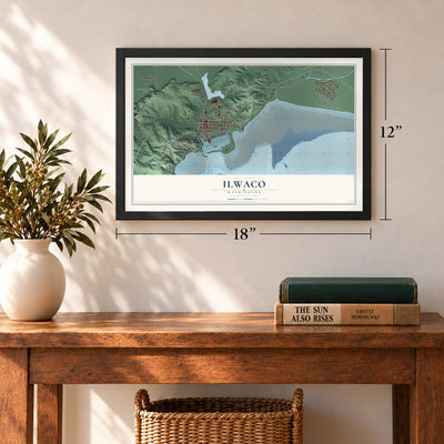 Ilwaco, Washington map, 12 x 18 inch print in a black frame in an entryway