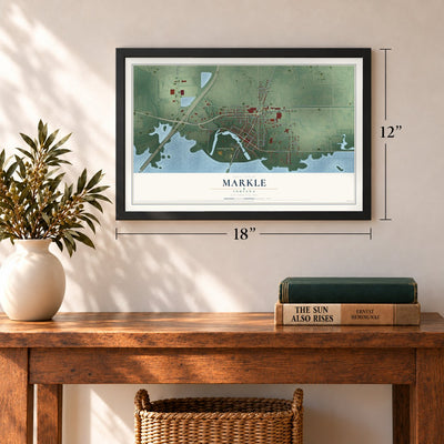 Markle, Indiana map, 12 x 18 inch print in a black frame in an entryway