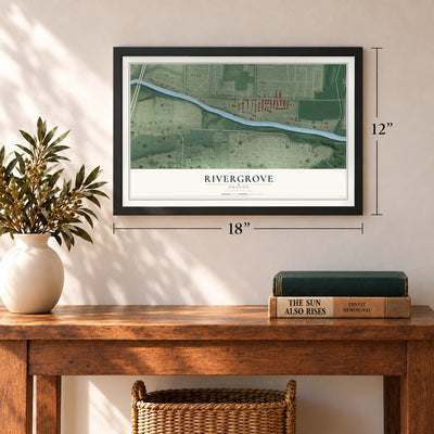 Rivergrove, Oregon map, 12 x 18 inch print in a black frame in an entryway