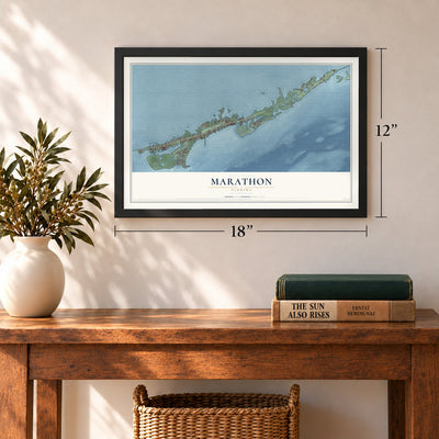 Marathon, Florida map, 12 x 18 inch print in a black frame in an entryway