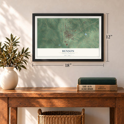 Benson, North Carolina map, 12 x 18 inch print in a black frame in an entryway