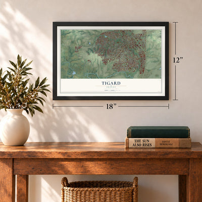 Tigard, Oregon map, 12 x 18 inch print in a black frame in an entryway