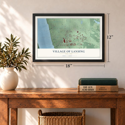 Village of Lansing, New York map, 12 x 18 inch print in a black frame in an entryway