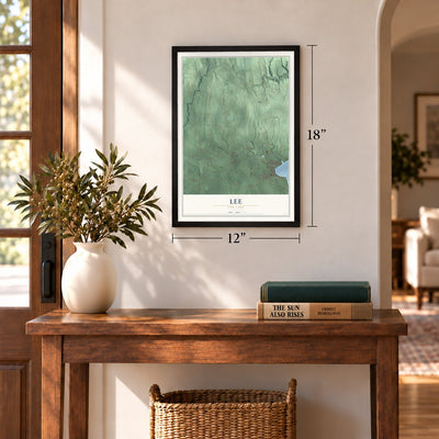 Lee, New York map, 12 x 18 inch print in a black frame in an entryway
