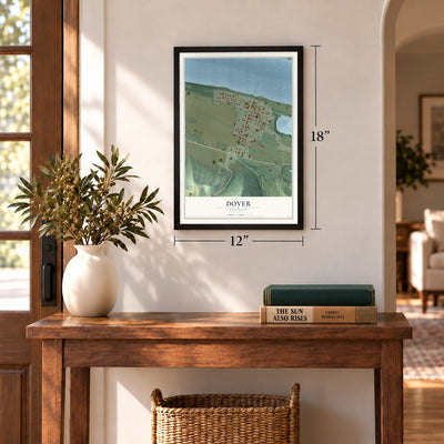Dover, Kentucky map, 12 x 18 inch print in a black frame in an entryway