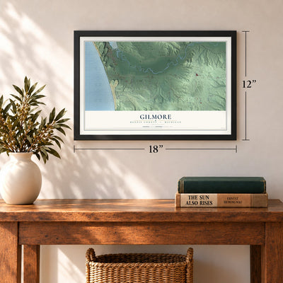 Gilmore, Benzie County, Michigan map, 12 x 18 inch print in a black frame in an entryway