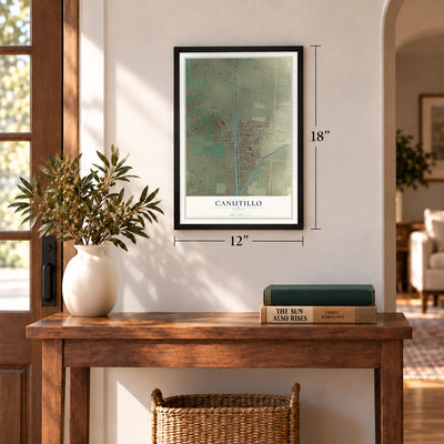 Canutillo, Texas map, 12 x 18 inch print in a black frame in an entryway