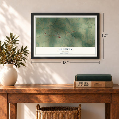Halfway, Missouri map, 12 x 18 inch print in a black frame in an entryway