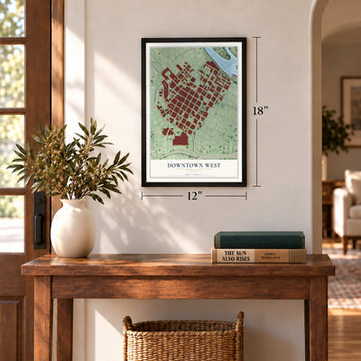 Downtown West, Minnesota map, 12 x 18 inch print in a black frame in an entryway