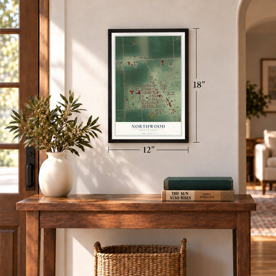 Northwood, North Dakota map, 12 x 18 inch print in a black frame in an entryway