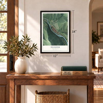 Sylvester, West Virginia map, 12 x 18 inch print in a black frame in an entryway