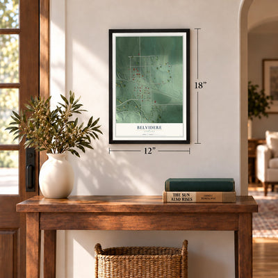 Belvidere, Nebraska map, 12 x 18 inch print in a black frame in an entryway