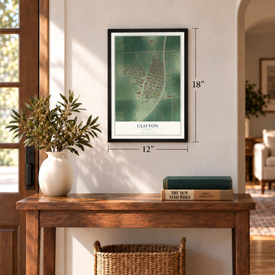 Clifton, Illinois map, 12 x 18 inch print in a black frame in an entryway