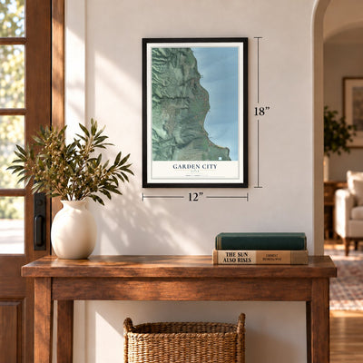 Garden City, Utah map, 12 x 18 inch print in a black frame in an entryway