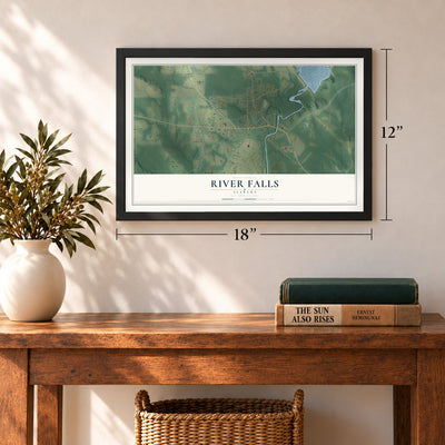 River Falls, Alabama map, 12 x 18 inch print in a black frame in an entryway