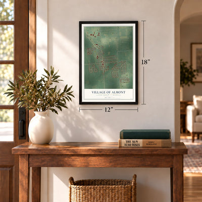 Almont, Michigan map, 12 x 18 inch print in a black frame in an entryway