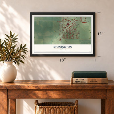 Stonington, Illinois map, 12 x 18 inch print in a black frame in an entryway