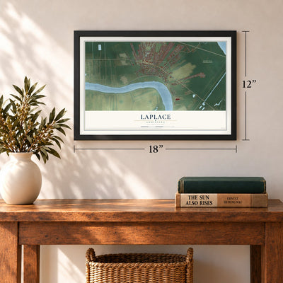 Laplace, Louisiana map, 12 x 18 inch print in a black frame in an entryway
