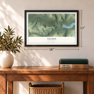 Nelson, Pennsylvania map, 12 x 18 inch print in a black frame in an entryway