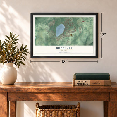 Budd Lake, New Jersey map, 12 x 18 inch print in a black frame in an entryway