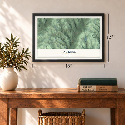 Laurens, New York map, 12 x 18 inch print in a black frame in an entryway