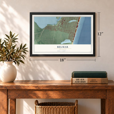 Belmar, New Jersey map, 12 x 18 inch print in a black frame in an entryway