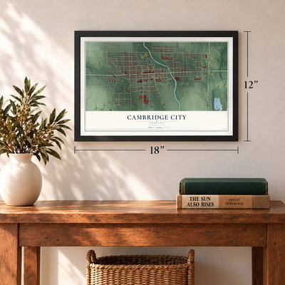 Cambridge City, Indiana map, 12 x 18 inch print in a black frame in an entryway