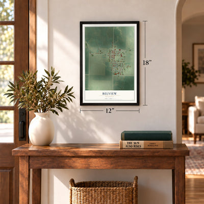 Belview, Minnesota map, 12 x 18 inch print in a black frame in an entryway