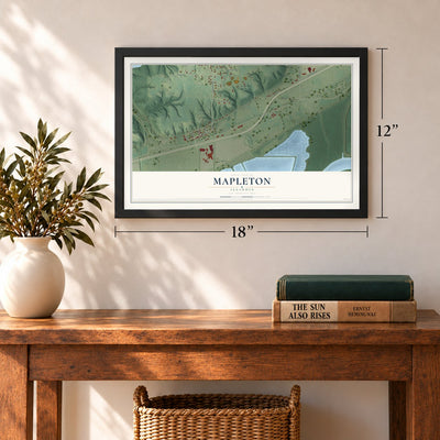 Mapleton, Illinois map, 12 x 18 inch print in a black frame in an entryway