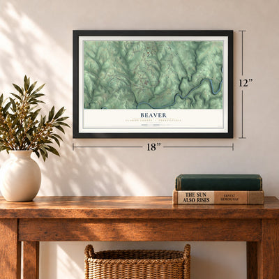 Beaver, Clarion County, Pennsylvania map, 12 x 18 inch print in a black frame in an entryway