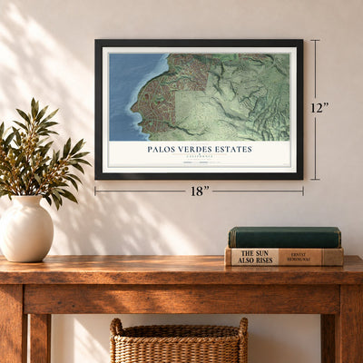 Palos Verdes Estates, California map, 12 x 18 inch print in a black frame in an entryway