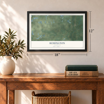 Remington, Wisconsin map, 12 x 18 inch print in a black frame in an entryway