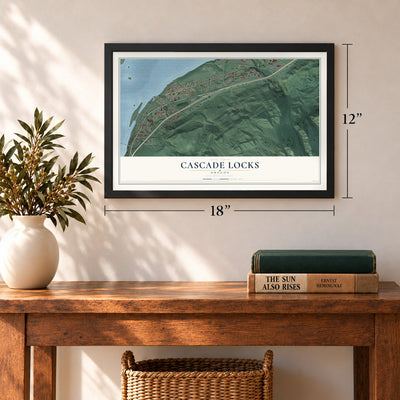 Cascade Locks, Oregon map, 12 x 18 inch print in a black frame in an entryway
