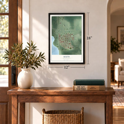 Hayti, South Dakota map, 12 x 18 inch print in a black frame in an entryway