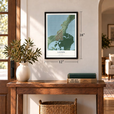 Layton, Florida map, 12 x 18 inch print in a black frame in an entryway