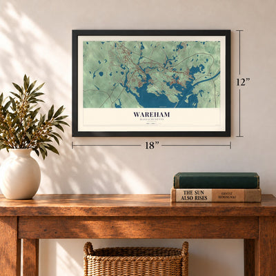 Wareham, Massachusetts map, 12 x 18 inch print in a black frame in an entryway