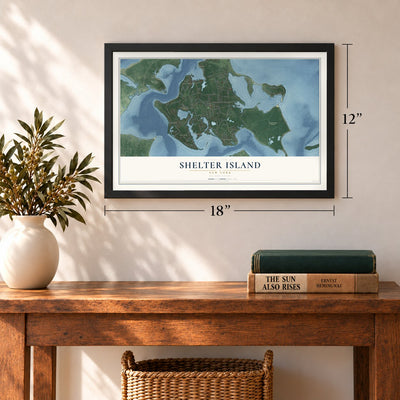 Shelter Island, New York map, 12 x 18 inch print in a black frame in an entryway