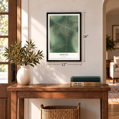 Morven, Georgia map, 12 x 18 inch print in a black frame in an entryway