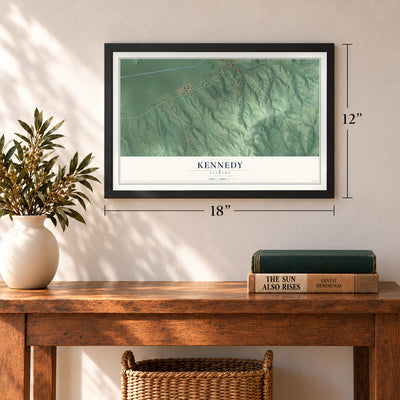 Kennedy, Alabama map, 12 x 18 inch print in a black frame in an entryway
