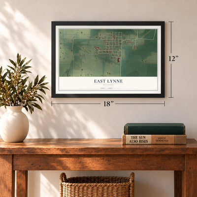 East Lynne, Missouri map, 12 x 18 inch print in a black frame in an entryway