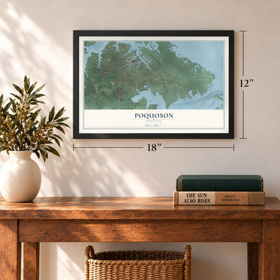 Poquoson, Virginia map, 12 x 18 inch print in a black frame in an entryway