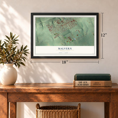 Malvern, Pennsylvania map, 12 x 18 inch print in a black frame in an entryway